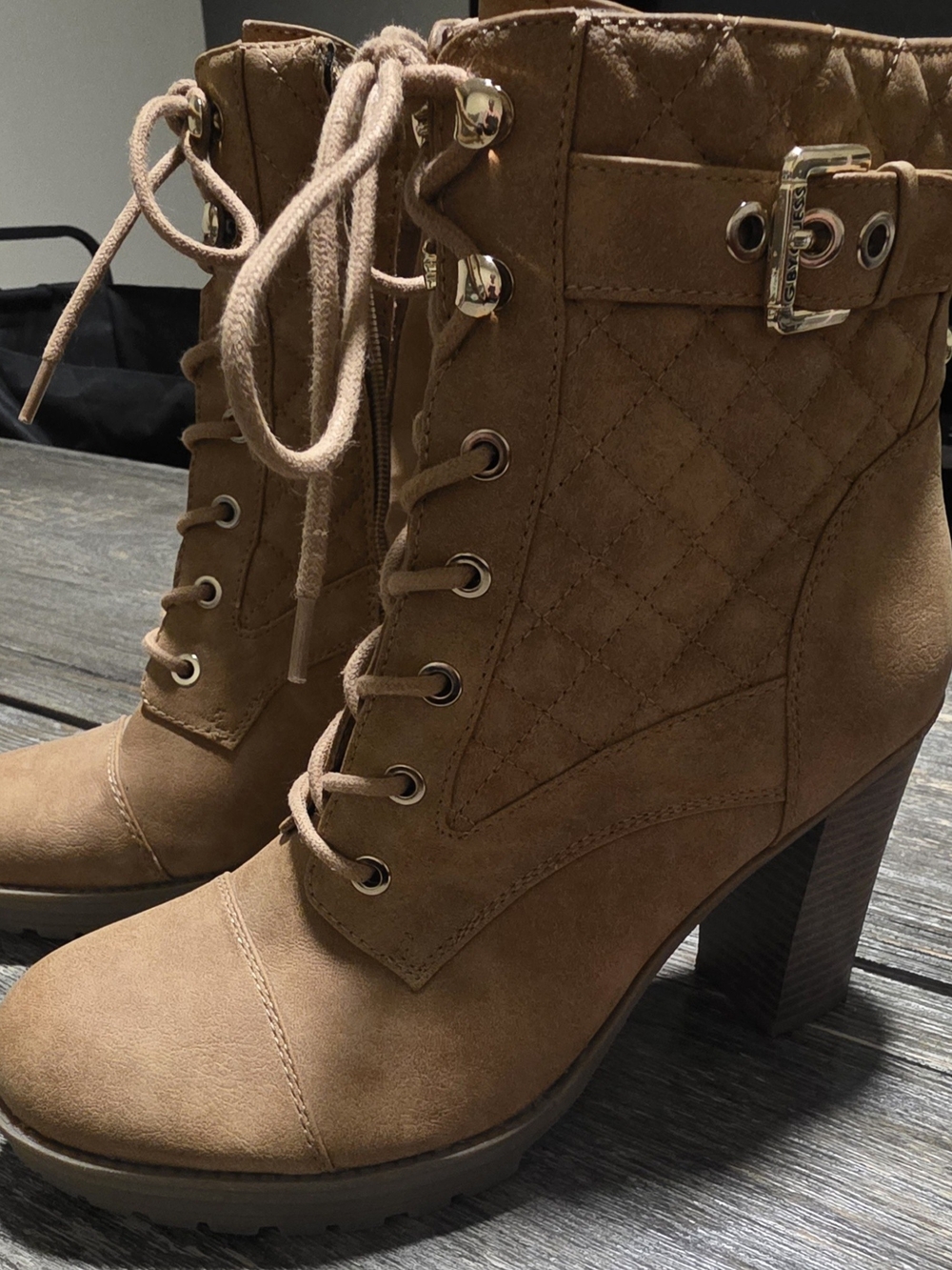 Guess Quilted Lace-Up Ankle Boots in Tan